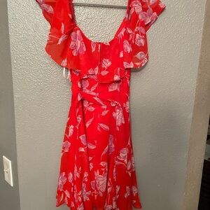 Red and pink off the shoulder dress with ruffles